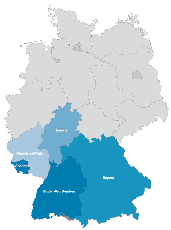Regionen Baden-Württemberg, Rheinland-Pfalz, Hessen, Saarland